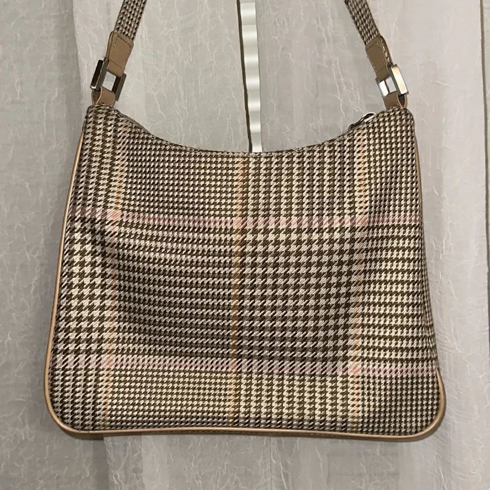 LRL Ivory Tan White Pink Gold Houndstooth Leather Silver Tone Hardware Hobo Bag - Picture 2 of 16